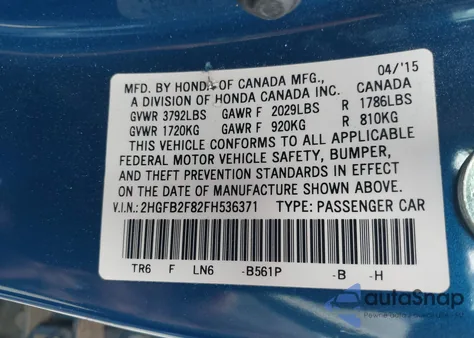 2015 Honda Civic Ex из США, поврежденный, VIN 2HGFB2F82FH536371